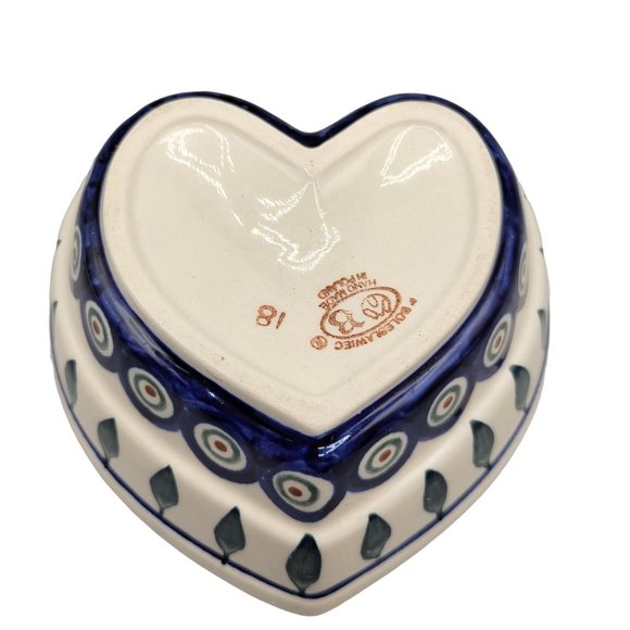 Polish Bolesawiec Pottery Peacock Pattern Heart Shaped Bowl Folk Art Blue - Picture 7 of 7